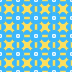 AI illustration of abstract geometric pattern in shades of blue and yellow with multiple arrows