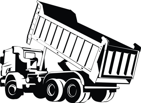 Cartoon Black and White Isolated Illustration Vector Of A Dump Truck Tipper Lorry