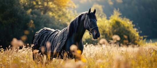 Friesian horse wearing fly-rug in field. - obrazy, fototapety, plakaty