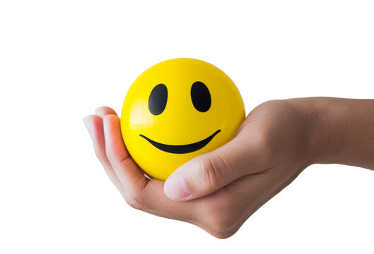 Hand holding a smiley face stress ball, isolated on transparent background, png, - concept for happiness, positivity, and mental health.