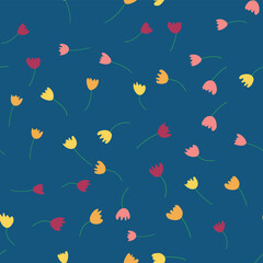 Seamless floral pattern with colorful tulip flowers, leaves and petals. Retro from the 1970s