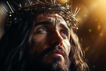 AI Generated Image of Portrait of Jesus Christ wearing crown of thorns with blood on face against illuminated background