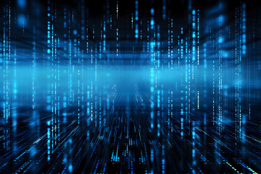 Blue digital binary data on computer screen background