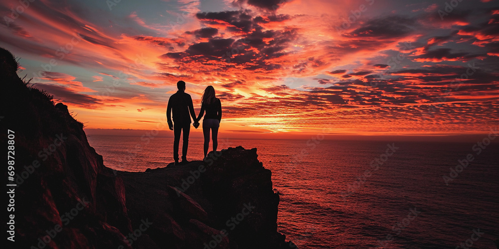 Wall mural A fiery sunset at a cliff's edge, couple silhouetted against the sky, holding hands, facing the sublime vastness of the ocean