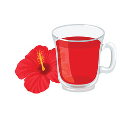Hibiscus tea in glass cup. Vector cartoon flat illustration of healthy hot drink and red flower.
