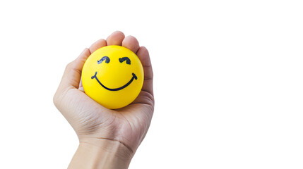 Hand holding a smiley face stress ball against a transparent background, conveying positivity and stress relief.