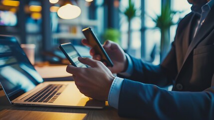 Professional multitasking with smartphone and laptop in a modern office setting, ideal for business and technology themes.