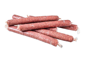 Raw butchers sausages in skins with herbs Transparent background. Isolated.