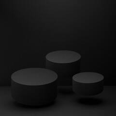 Three black round podiums levitate, set, mockup on black background, shadow. Template for...
