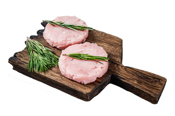 Uncooked Raw mince meat patty cutlet with herbs. Transparent background. Isolated.