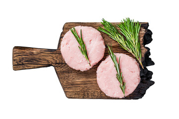Uncooked Raw mince meat patty cutlet with herbs. Transparent background. Isolated. - obrazy, fototapety, plakaty