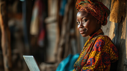 Fototapeta premium African woman sitting at the laptop in a village in Africa. Concept of the on line education