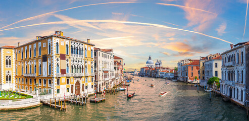 Unique panorama of Grand Canal and medieval houses of Venice, Italy - obrazy, fototapety, plakaty