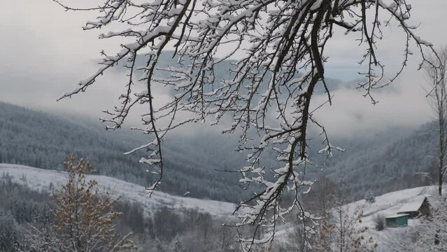 Beautiful winter in a mountain village. A view of the houses among the mountains in winter