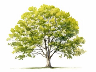 Minimalistic Watercolor Illustration of Beech Tree on White Background AI Generated - obrazy, fototapety, plakaty