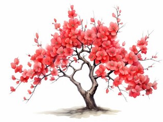 Minimalistic Superb Watercolor Illustration of Flowering Quince Tree AI Generated