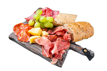 Cold meat plate, charcuterie - traditional Spanish tapas on a wooden board with bread and grape. ...