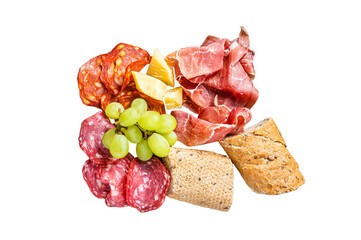 Cold meat plate, charcuterie - traditional Spanish tapas  Transparent background. Isolated.