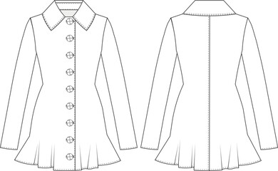 Long sleeve ruffled buttoned short mini dress with collar detail template technical drawing flat sketch cad mockup fashion woman design model style - obrazy, fototapety, plakaty