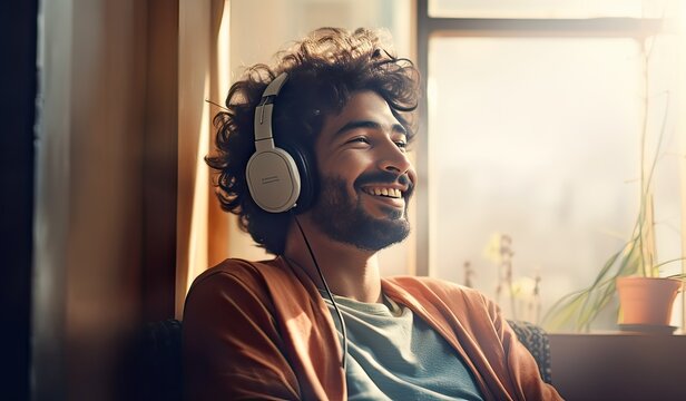 Man, headphone, listening to music with audio streaming, happiness and tech at home. Chill at the weekend, wellness and podcast with sound, connectivity and radio. Generative AI
