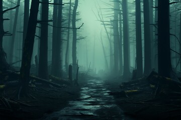 Dark enchantment Creepy mist forest landscape, hauntingly rendered in 3D
