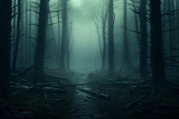 Eerie vision 3D rendering of a mist covered forest, creepy concept