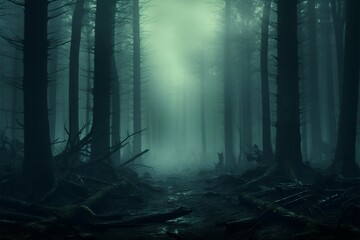 Fototapeta premium Haunting ambiance 3D rendering of misty forest with eerie concept