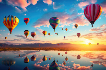 Obraz premium Balloons flying in the sky above the lake against the backdrop of sunset