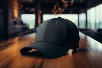 A black baseball cap rests on the table, exuding a sporty and classic charm - obrazy, fototapety, plakaty