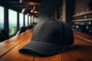 A black baseball cap rests on the table, exuding a sporty and classic charm