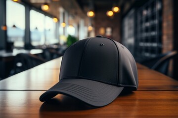A black baseball cap rests on the table, exuding a sporty and classic charm - obrazy, fototapety, plakaty