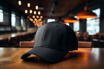 Timeless style a black baseball cap lies casually on the tables surface - obrazy, fototapety, plakaty