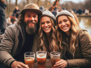 Two young beautiful Caucasian twin sisters in knitted hats and long hair and a man with a beard in a hat are drinking beer and having fun at a music festival. - obrazy, fototapety, plakaty