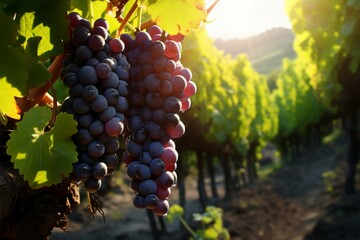 Fototapeta premium Grapes bathed in light on the plantation, a luscious scene