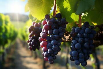 Naklejka premium Lush vineyard scene fresh grapes bathed in soft, natural light
