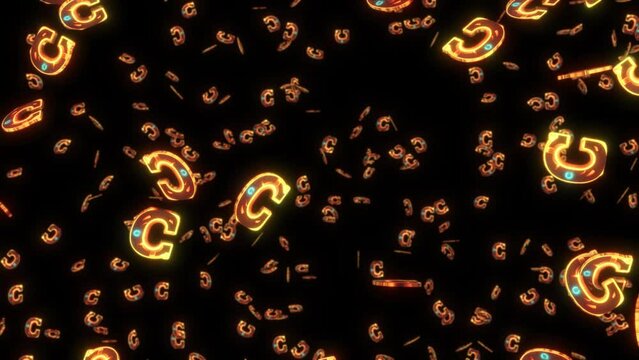  3d Glowing English Alphabet C Animation, Character Animation Background.education Background. Realistic Glowing Metallic 3d Alphabet Flying On The Black Background.  Slow Motion Of Capital Letter C