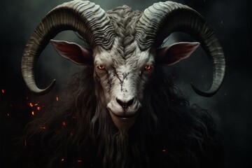 Bathomet, goat demon of lore, embodies darkness with demonic presence and symbolism - obrazy, fototapety, plakaty