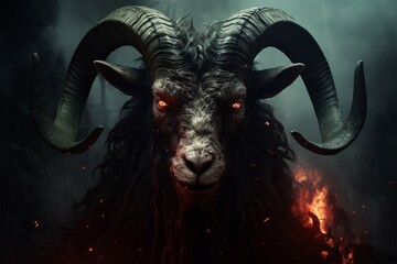 Bathomet, the demonic goat, symbolizes malevolence and occult forces with an eerie presence - obrazy, fototapety, plakaty