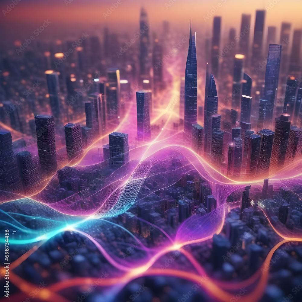 Aufkleber smart city and abstract dot point connect with gradient line and aesthetic intricate wave line desig