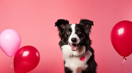 Sweet border collie pup embracing love: heart-shaped balloon isolated - valentine's day concept, high-quality image
