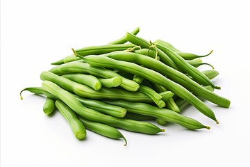 Fresh green beans on white backdrop, perfect for captivating ads and packaging designs