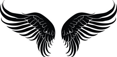 Angel wing illustration vector, wings graphic element, thin line black, angelic feathered vector, angel wing clipart  - obrazy, fototapety, plakaty