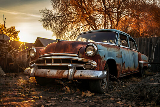 Fototapeta Generative AI illustration of vintage rusted car abandoned in a rural setting basking in the golden hues of a sunset