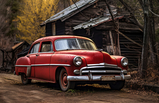 Generative AI illustration of classic red sedan stands in front of an abandoned wooden shack evoking a sense of nostalgia