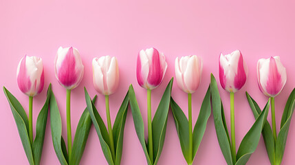 Women's Day. Tulips on a pink background, free space. mockup.