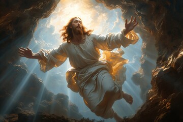 The awe inspiring resurrection and ascension of jesus christ in the radiant heavenly sky - obrazy, fototapety, plakaty