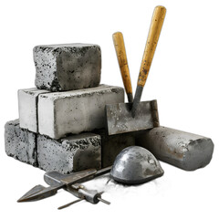 concrete blocks and masonry tools isolated on transparent or white background, png
 - obrazy, fototapety, plakaty