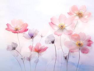 Watercolor transparent pastel pink flower wallpaper on a white background. minimal style wallpaper...