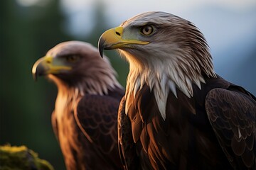 Fototapeta premium Eagles regal pose a portrait set against a lush forest
