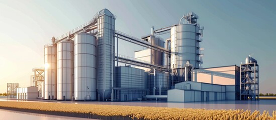 Agro-processing and manufacturing plant with silver silos for agricultural product processing, drying, cleaning, storage, including flour, cereals, and grain. Also includes a granary elevator. - obrazy, fototapety, plakaty